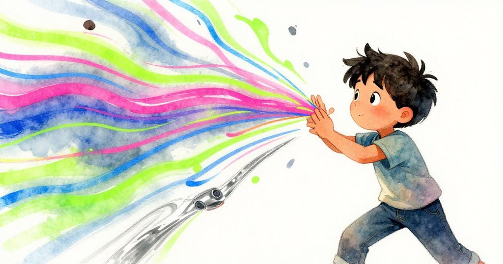 Reed面露驚訝與專注,強風捲動彩色線條飛舞,他伸手穩住亂飛線頭,場景充滿動感與生氣。