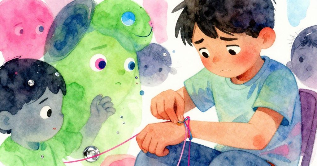 Reed眉頭微蹙專注整理散亂線帶,手法細膩表現內心糾結,眼神堅定地追求完美手環。