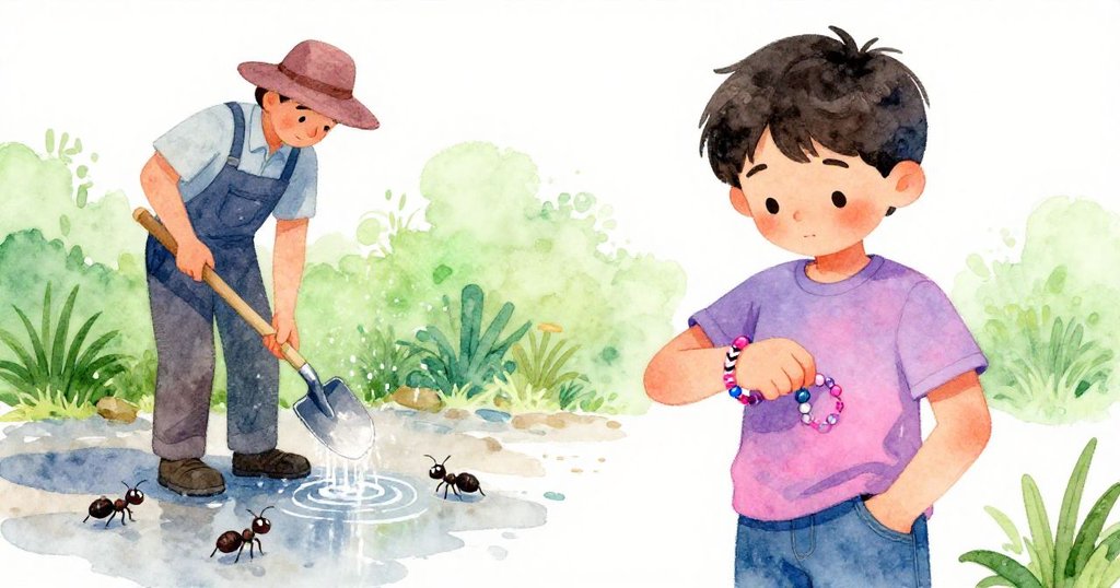 Reed滿意地完成手環並將珠子收入口袋,背景中園丁洗鏟子,蚂蚁在濕滑石上爬行,場景恬靜寓意新開始。