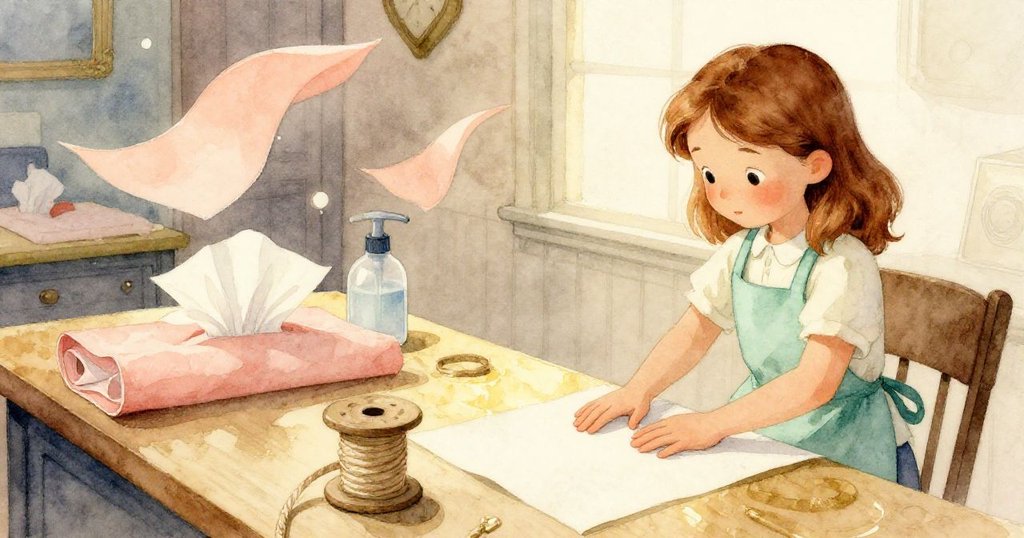 Ruby在溫暖的包裝工作臺前專注觸碰桃色紙巾，背景中展示柔和的古董金光和飄動物品，氛圍平靜而深思