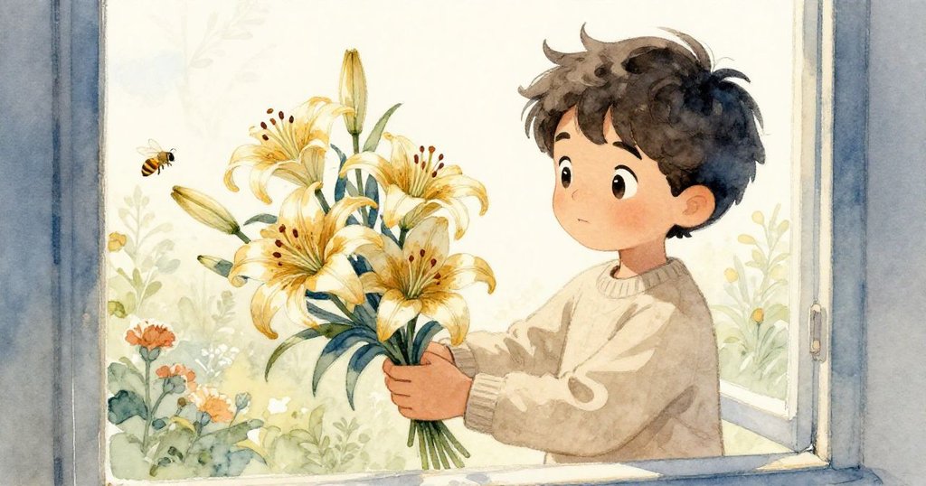 Seth站在窗邊調整百合花束，窗外自然光透射進來，背景懸掛關於蜜蜂的海報，氣氛悠然自得