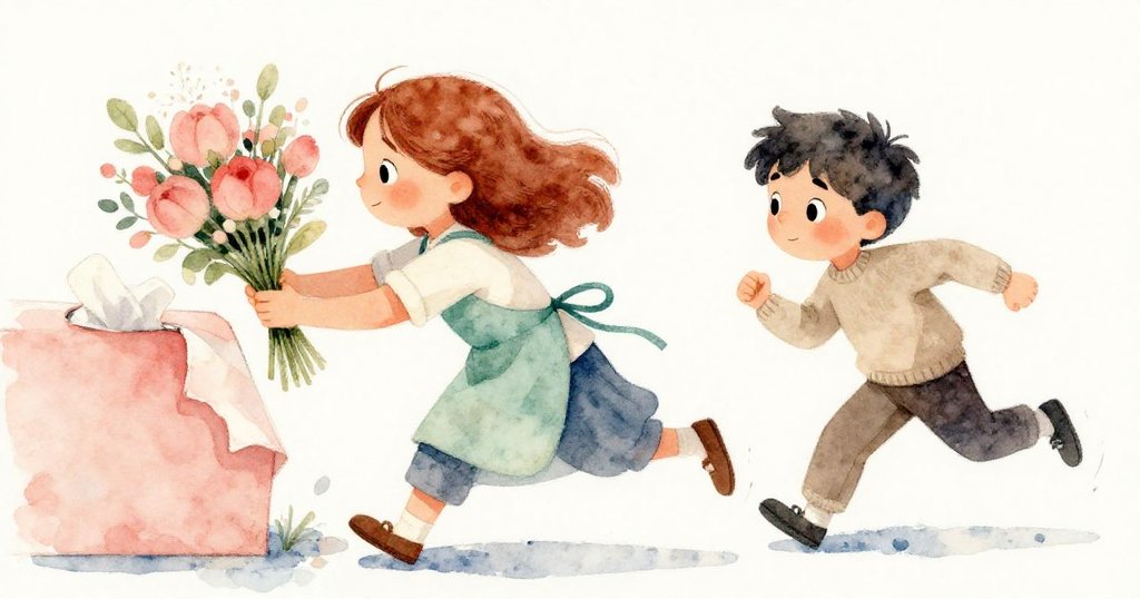 Seth迅速扶穩花束，Ruby急速趕回，紙張出現破口，室內光影緊湊展現急促而關懷的瞬間