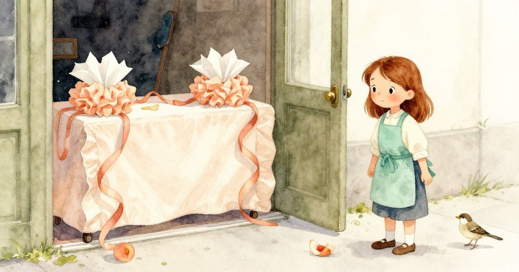 室外開放門邊，包裝桌上紙張形成皺褶波浪，Ruby漫步進入，雀鳥輕跳近落果，情節未竟暗示續篇