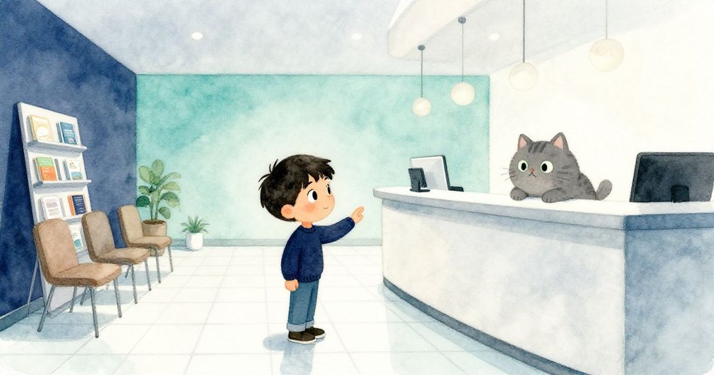 Glen站在現代接待區中,輕觸冰冷瓷磚,神情平靜,背景有等待區和雜誌架,開啟故事序幕。