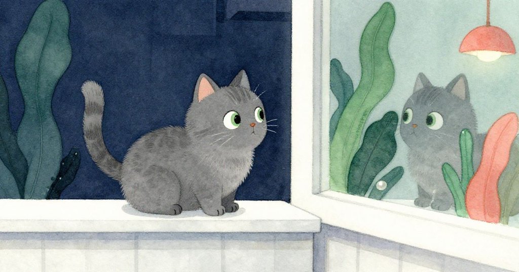 低角度鏡頭捕捉灰色貓咪昂首凝視反光,細節突出現代接待室,滿含警覺與驚奇情緒。