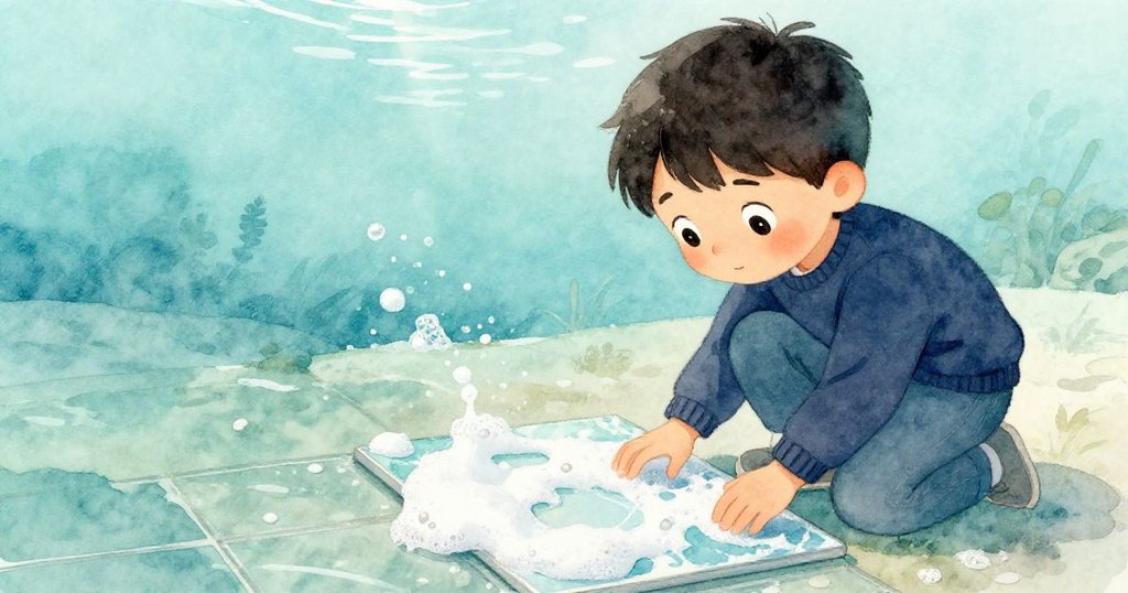 Glen俯身凝視地面反光,手指輕觸泡沫痕跡,畫面猶如水下秘境,表情充滿溫柔探索。