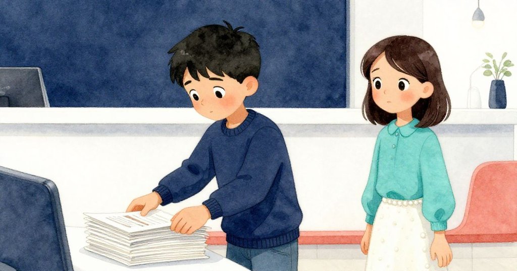 Glen緊鎖眉頭調整雜誌堆,Luna低語示警,室內現代接待室中流露焦慮與決心情緒。