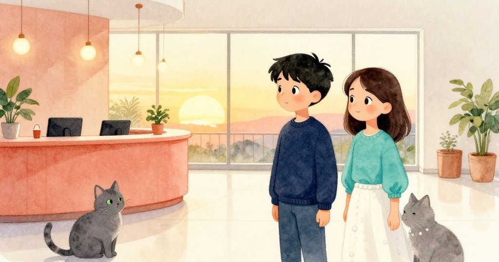 夕陽餘暉中,Glen與Luna平靜對視,灰貓靜立一旁,現代接待室充滿溫暖治癒與和諧感。