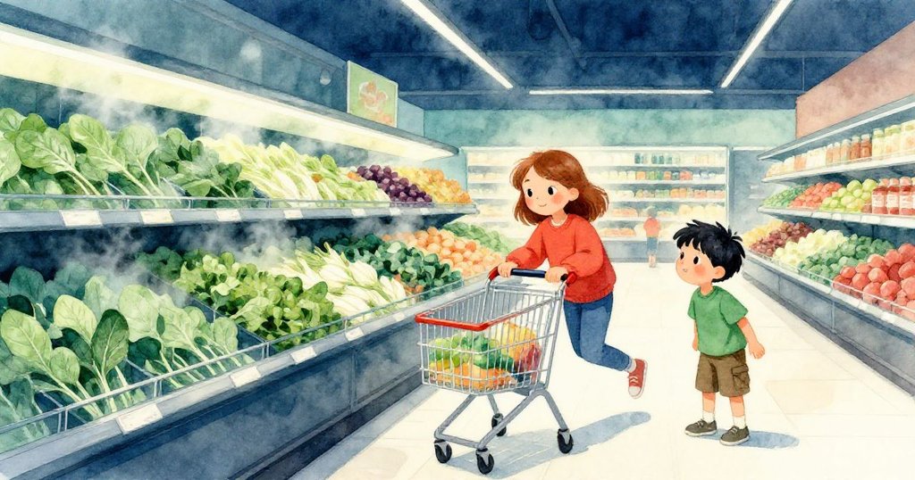 Iris推著購物車穿過蔬果區,Cruz在旁好奇觀察,晨霧環繞,溫暖光線中展現尋路探索情景。