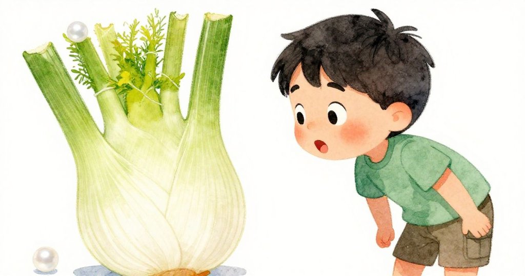 Cruz靠近閃亮茴香,臉上流露驚喜與好奇,細膩捕捉蔬果區中溫柔燈光下的瞬間情緒。