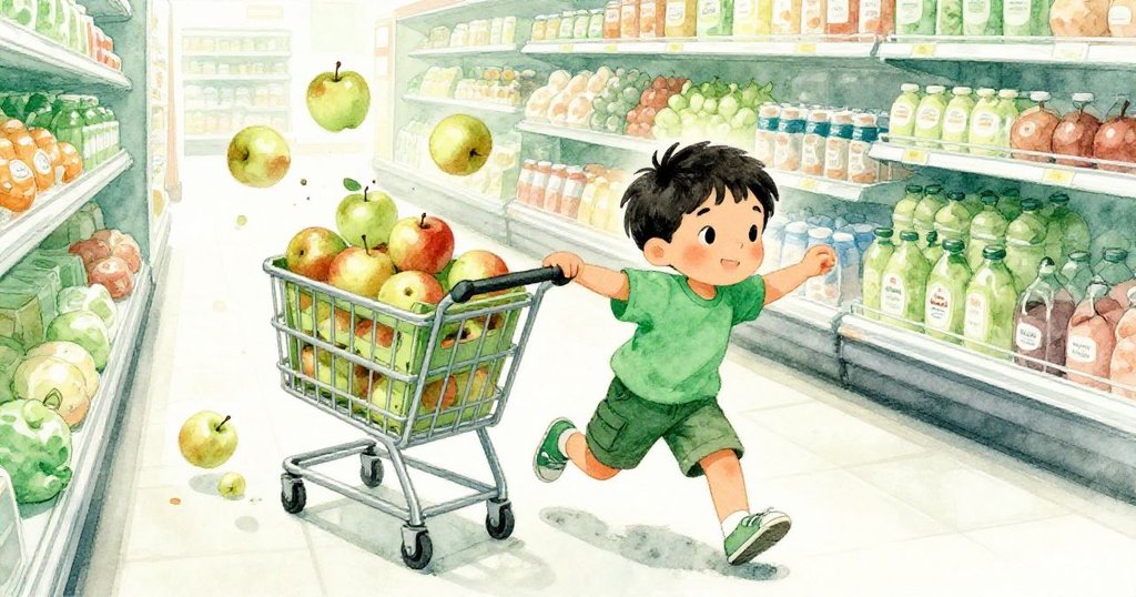 小推車沿坡滑動撞向蘋果箱,Cruz一觸發意外混亂,幼童驚訝表情,動感畫面生動呈現。