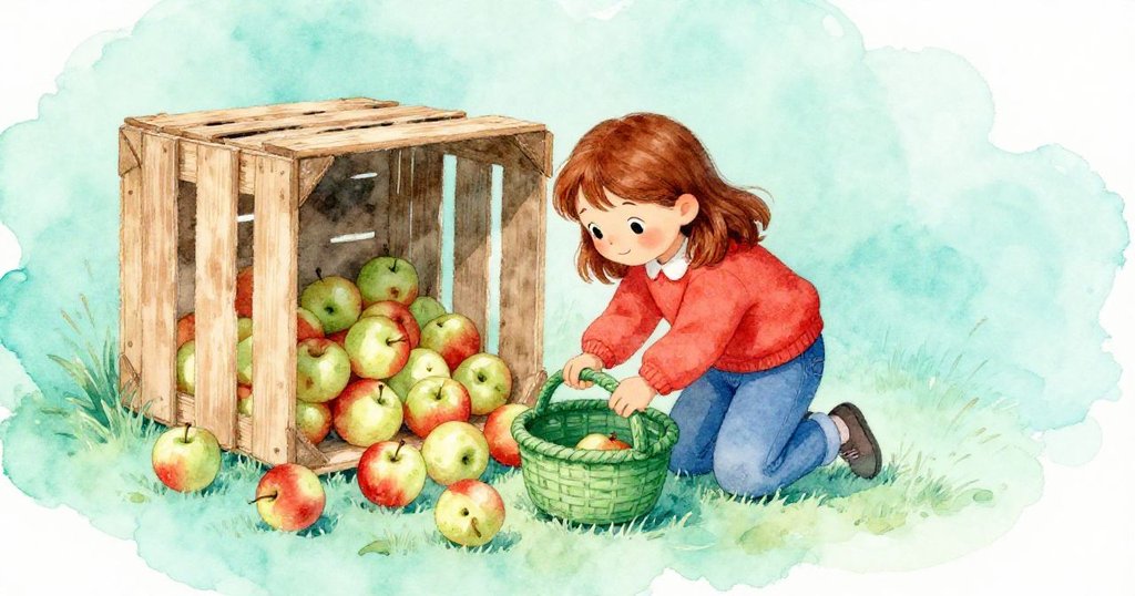 Iris細心將綠籃置於傾斜蘋果箱下,收集落果,神情專注展現週末烘焙創意。