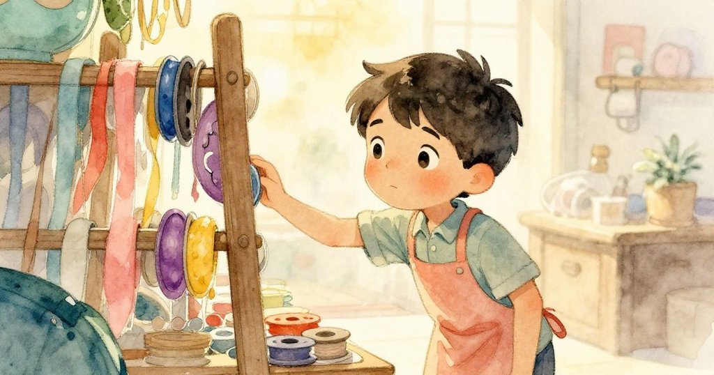 Seth靜靜站在溫暖的小店內,仔細查看缺少紫色線軸的緞帶架,表情充滿好奇與期待。