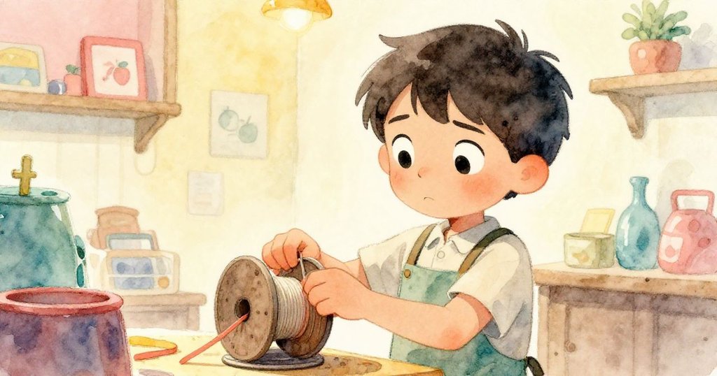 從低角度看見Seth調整線軸角度,滿臉專注在柔和光線下的店內環境中。