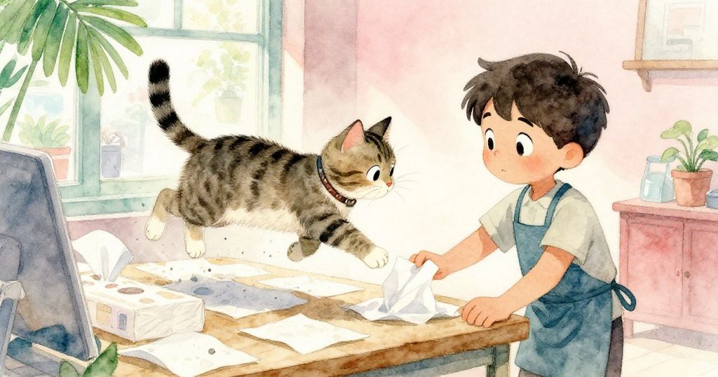 條紋店貓輕躍至包裝桌上,推動疊起的紙巾,店內溫馨場景中充滿活力與互動。