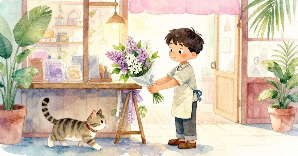 最終Seth完成白色小花束包裝,店貓輕觸線軸,溫暖店內呈現成功與寧靜,氛圍舒心落幕。