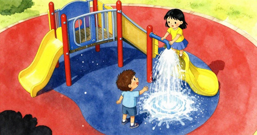 Cal和Iris在戶外遊樂場噴水池前互動,Cal仰望飛散的水珠,Iris忙著按噴水器,整體充滿活力與快樂。