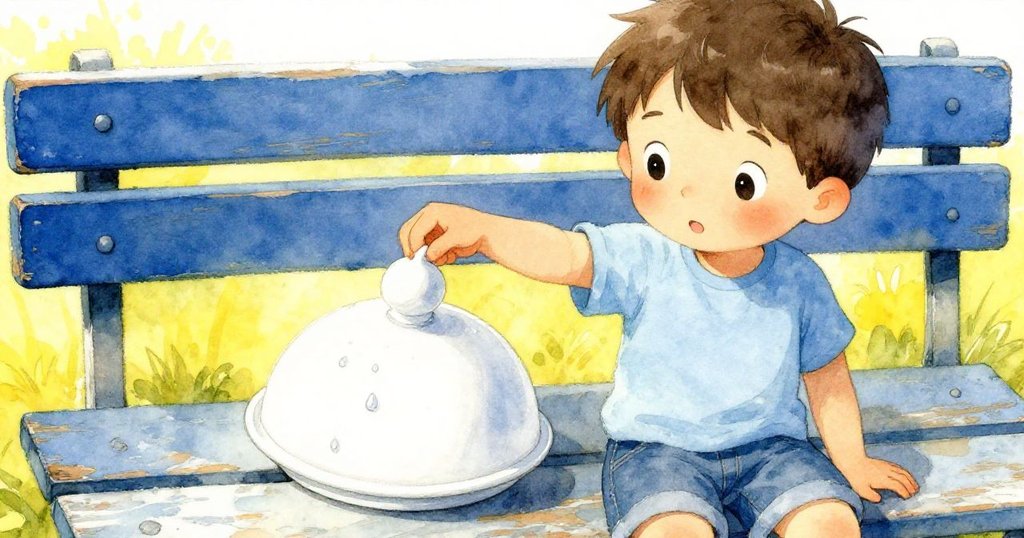 Cal在老舊長椅前仔細檢視帶水珠的圓形蓋子,神情專注,呈現出充滿回憶與探索的氛圍。