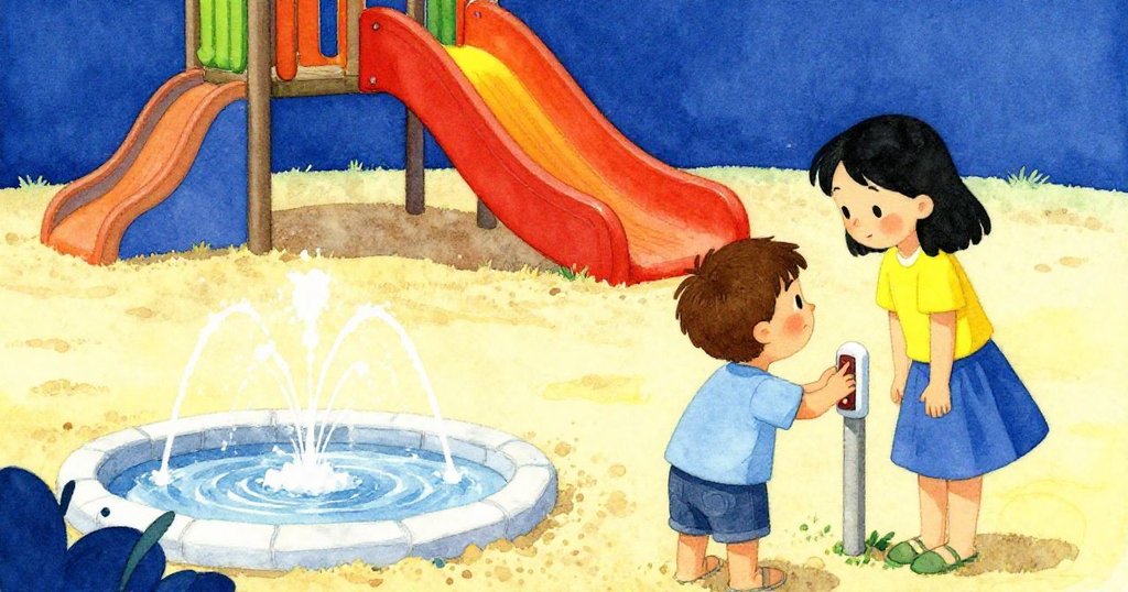 Cal在多層景深中凝視噴水池,Iris忙著按按鈕,背景沙坑和裝飾滑梯豐富了整個遊戲場的細節。