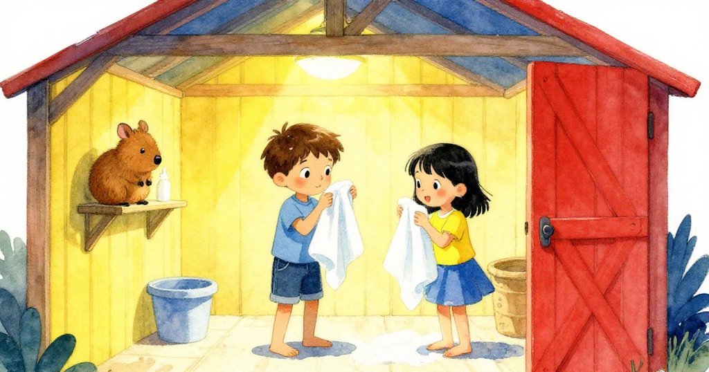 Cal和Iris走進溫馨的小屋內,Iris甩乾衣袖上的水滴,旁邊的絨毛動物增添了平靜與溫暖。