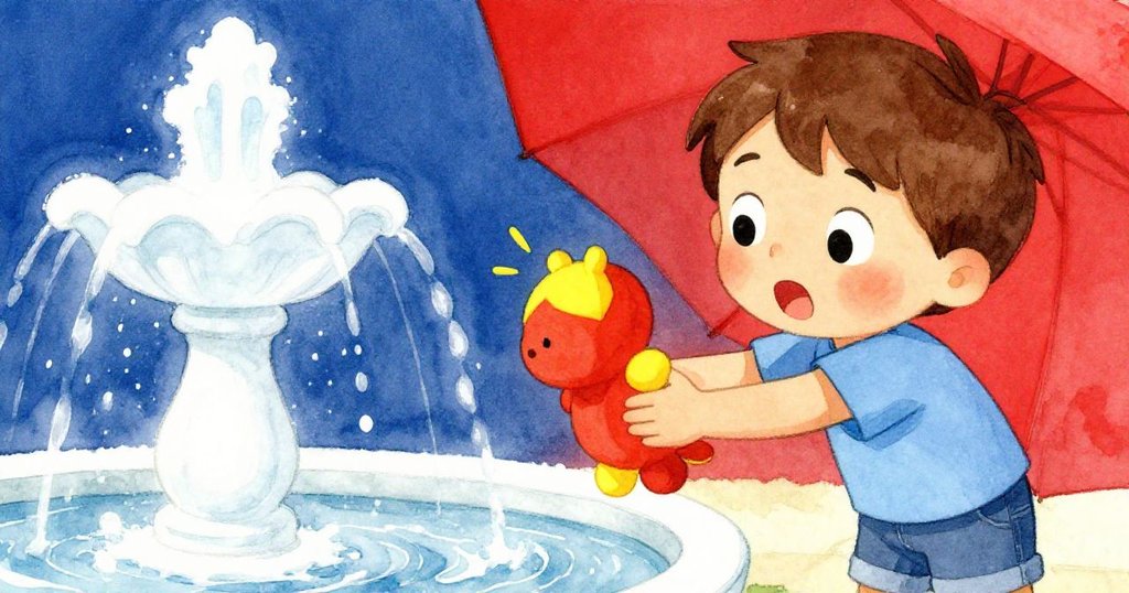 Cal在噴水池旁面對突如其來的激水,表情驚訝猶豫,正努力移開壓在按鈕上的絨毛玩具。