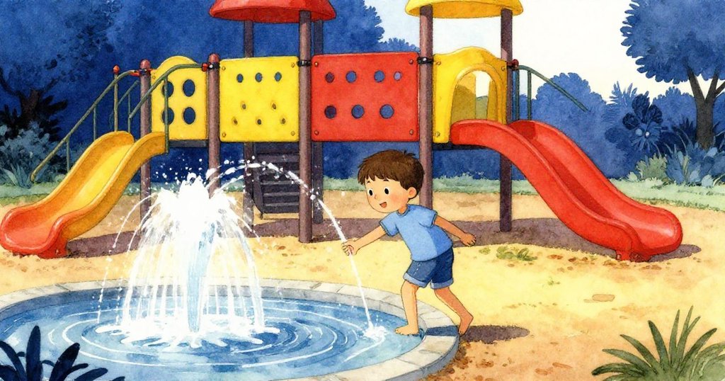 在結尾時刻,Cal站在逐漸靜謐的遊樂場邊,水滴沿袖流下,臉上帶著淡淡微笑告別今日的冒險。