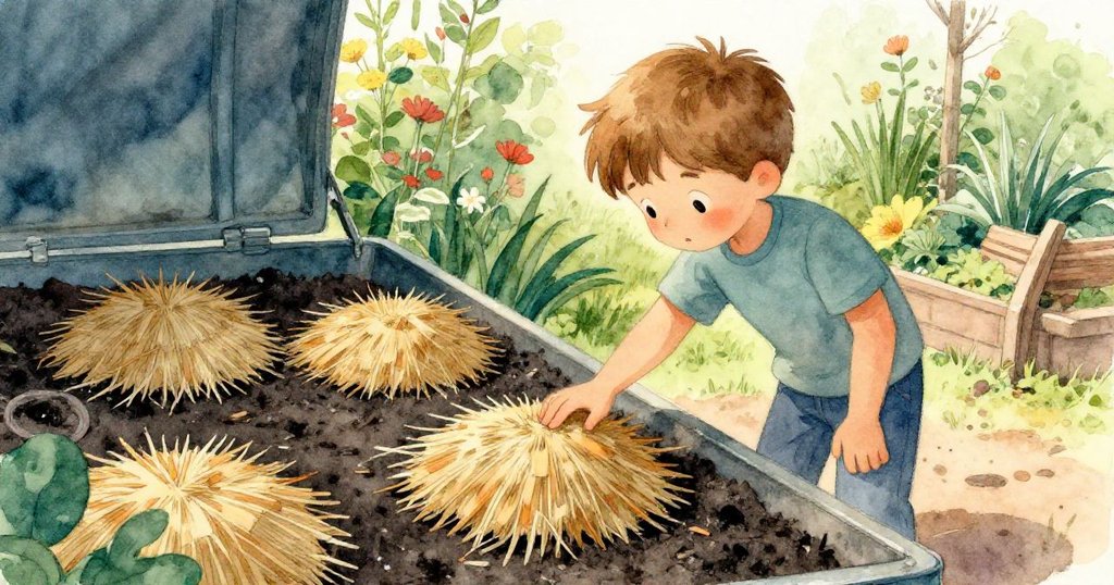 Jude好奇觸摸堆疊的稻草堆，戶外庭院陽光溫暖，背景顯示堆肥桶與細緻質感。