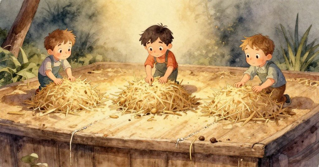 Jude的手指輕觸稻草細節豐富，細微碎片落在塑料表面，映出暖光中的質感。