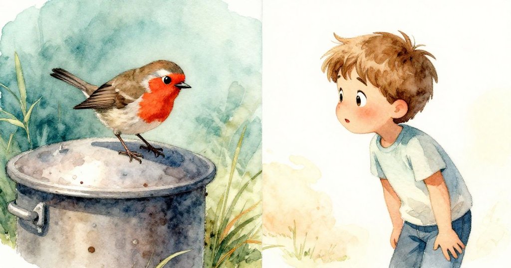 紅胸知更鳥降臨砌出稻草圈，Jude注目觀察，分割畫面呈現生動互動與好奇神情。