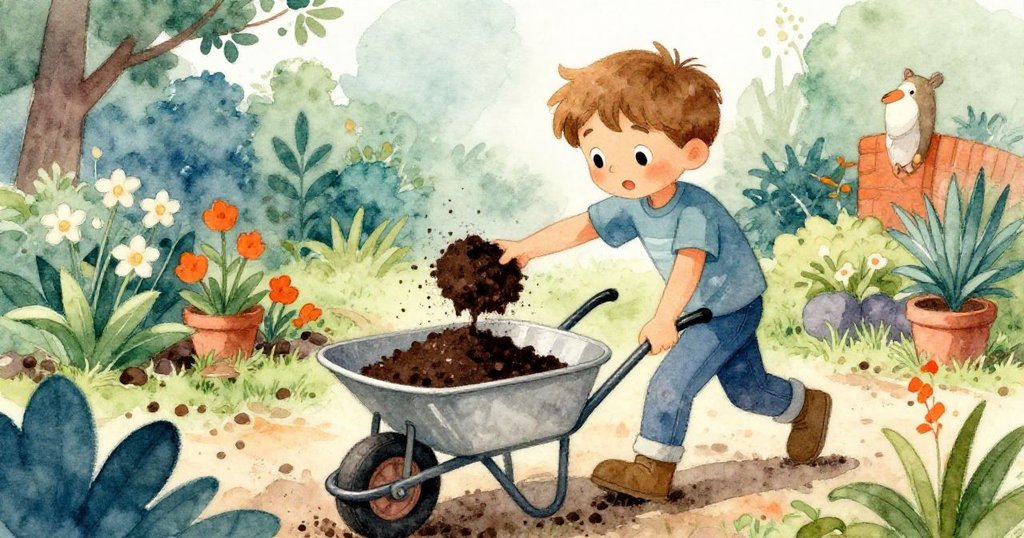 Jude在花園中用手舀取深色堆肥放入金屬水桶，旁有手推車和新種生菜，充滿活力。