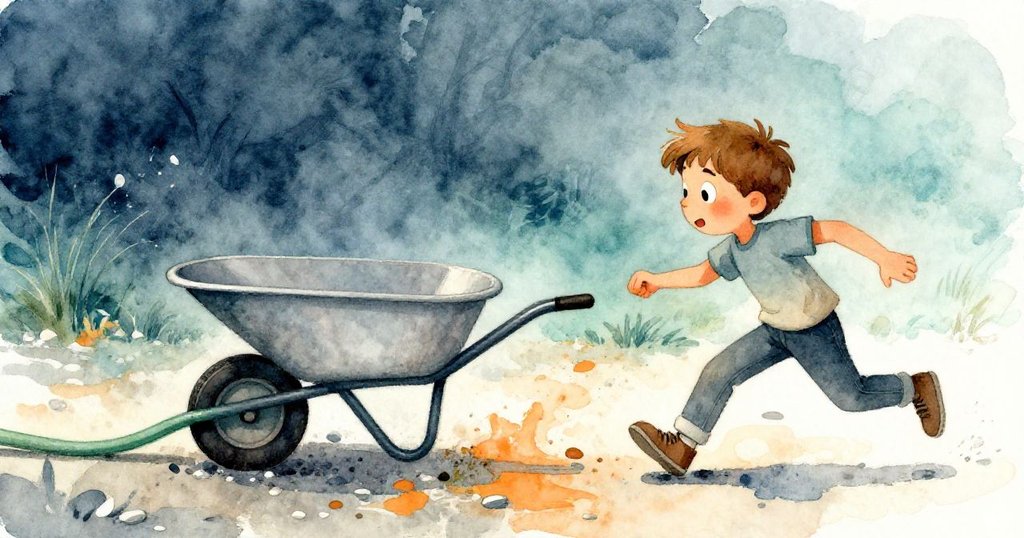 Jude急奔追趕失控手推車，輪子滾落凹凸碎石間，綠色水管糾結其上，動感瞬間。