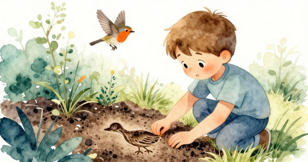 Jude溫柔按壓鳥形稻草印在濕潤土壤上，背景庭園與知更鳥掠過，完成充滿故事循環結局。