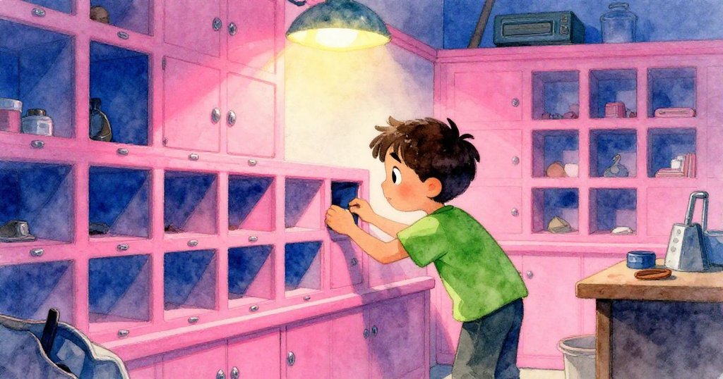 薩奇站在有明亮矩形空槽的修鞋工作坊前，眉頭緊鎖、好奇地觀察著空槽，場景充滿懸疑與期待。