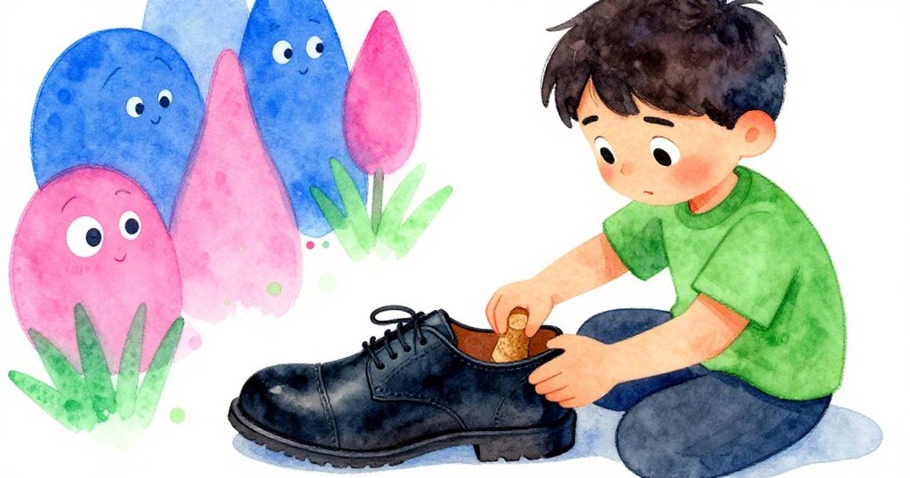 薩奇俯視著鞋跟內輕壓一層薄軟木塞，神情專注，燈光映照出修補細節與溫馨氛圍。