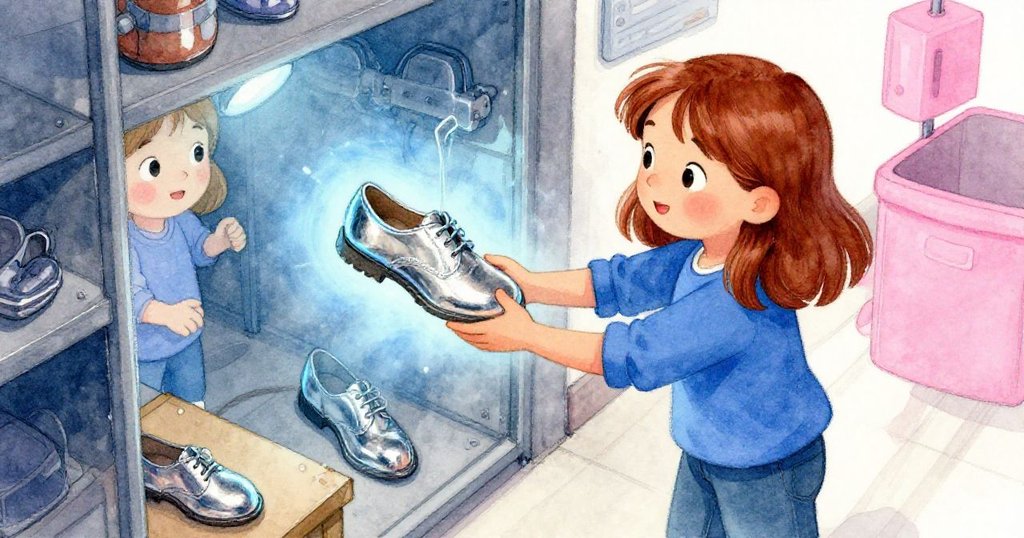 內莉由門口走進來，幫忙穩固搖晃中牛津鞋，表情關心，背景展示工作坊內的修補工具和燈光細節。