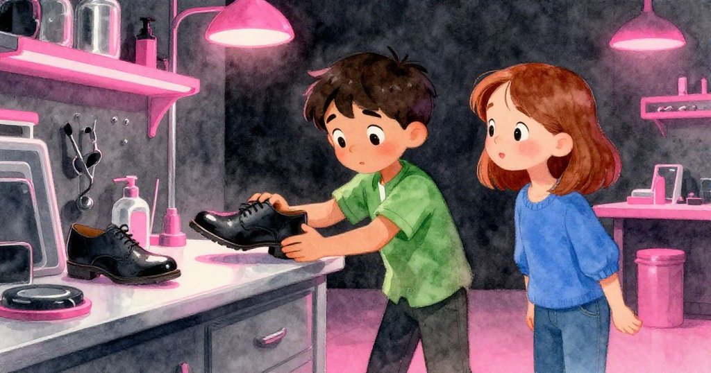 薩奇與內莉正積極測試修好的鞋子，動作果敢快速，神情充滿決心，燈光下呈現動態修補場面，充滿活力。