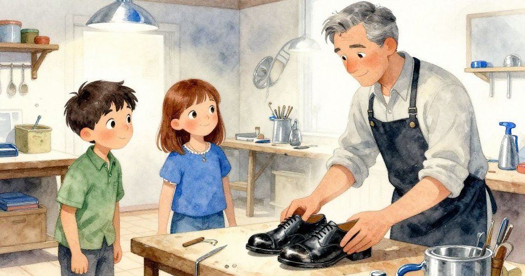 多利安將修好的第二隻鞋放在旁邊，薩奇與內莉默契點頭，整個工作坊洋溢著修補成功的溫馨與和諧。