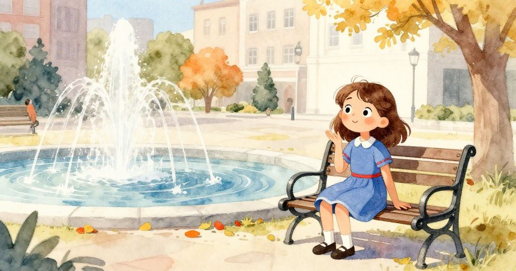 Tara 坐在城市公園的鐵椅上開始描繪,噴泉輕噴出水珠,背景有現代樓宇,表情平靜中透露期待。