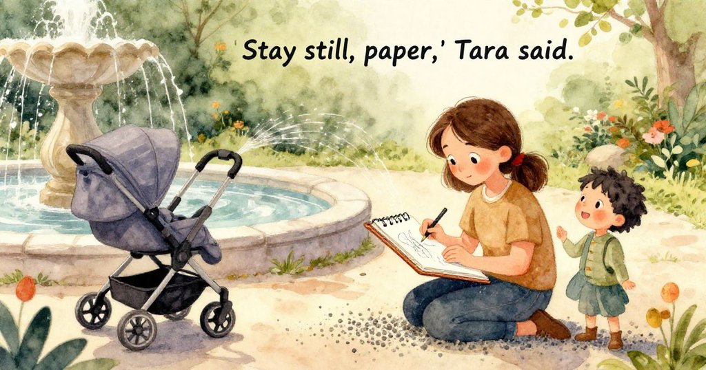 Tara 的手細緻描繪潮濕紙面,水滴閃耀著微光,塑料犰狳吊飾穩定紙角,展現精緻藝術細節。