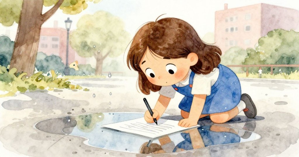 Tara 注視著鏡面般的水坑,雨滴跳動映出她專注神情和未完成畫作,都市公園背景柔和迷人。