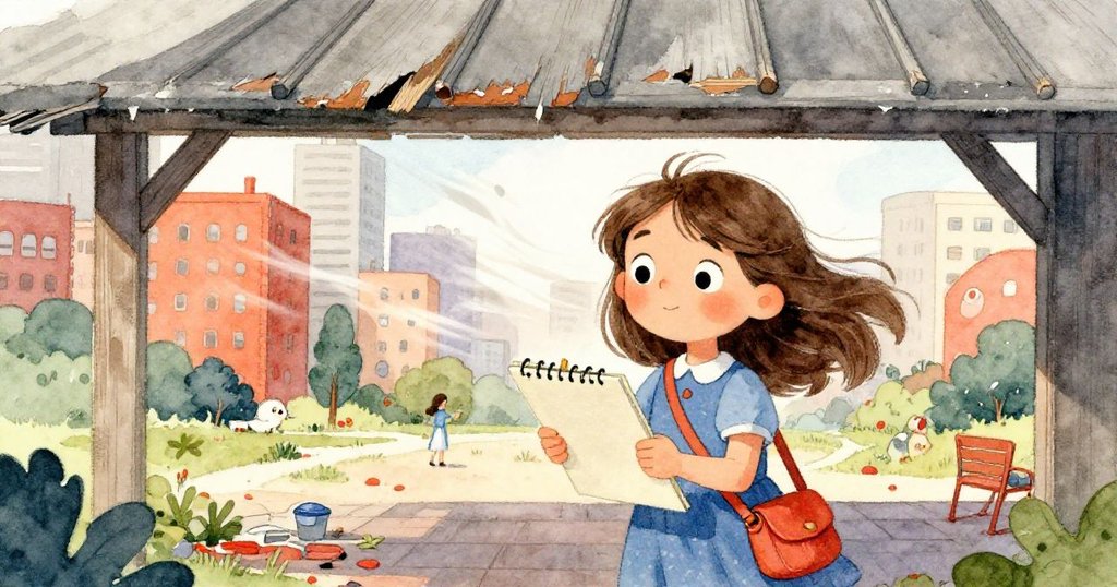 Tara 在屋簷下避風,細心調整濕潤素描本,背景呈現老舊建築與都市角落,神情專注堅毅。