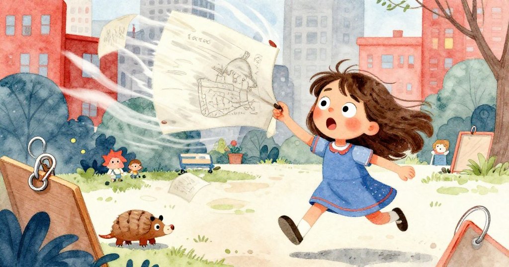 Tara 面對強風挑戰,素描本頁隨風翻動,她奮力穩住作品,表情驚訝中透露堅定,都市環境動感十足。