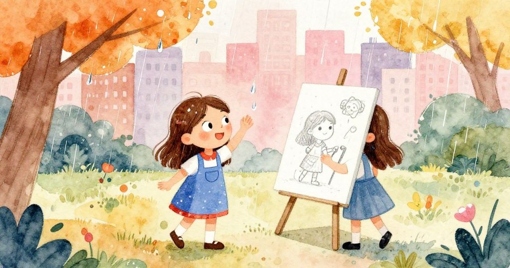 Tara 靜賞完成度高的畫作,雨滴有節奏地擊打周圍,都市背景中流露著持續創作的希望和未完的故事。