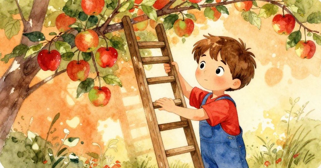芬恩在陽光與陰影交織下扶著梯子，穩定地挑選紅綠交錯的蘋果，表情堅定，背景樹木與綠草呼應。
