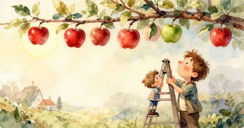 芬恩伸出手輕觸枝上閃亮的紅蘋果，簡約背景襯托出果實的光澤，透露出專注與期待。