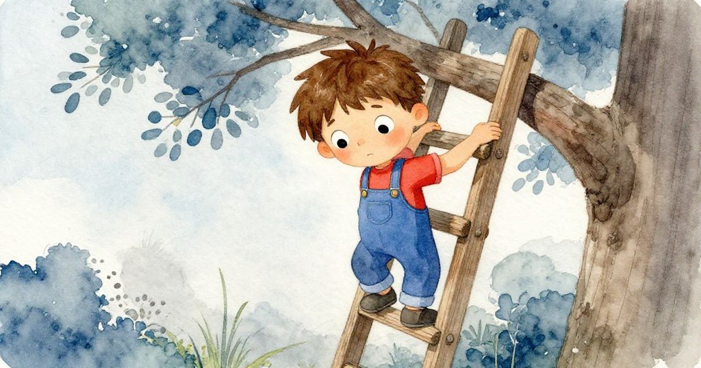 從高處俯瞰芬恩爬上不穩的梯子，神情堅定中透露脆弱，背景顯示不平坦的草地與樹幹。