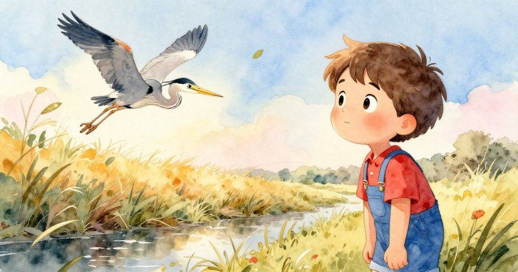 芬恩停下腳步注視著輕盈飛翔的白鷺，風中樹葉飄散，環境自然寧靜，情感流露出關懷與好奇。