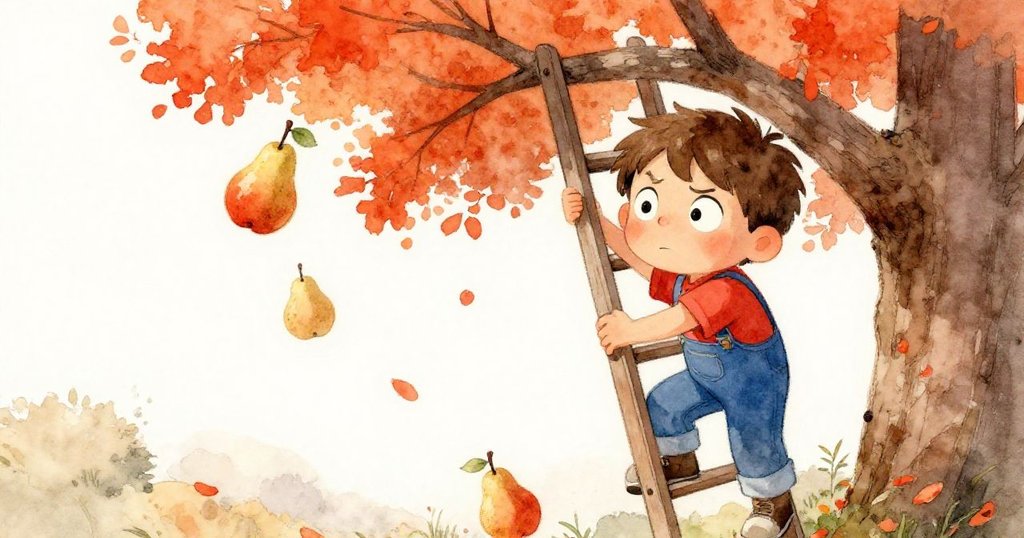 芬恩努力調整不穩梯子，神情緊張且充滿決心，背景中梨子掉落強化了挑戰與動作的張力。