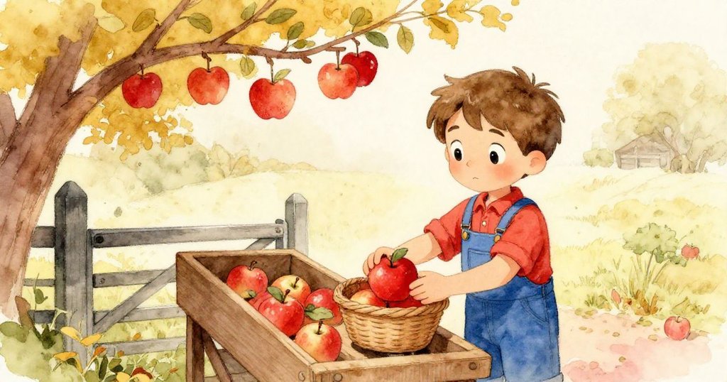 芬恩在鄉村門前的工作台旁滿懷成就感將最後一個紅蘋果放入籃中，背景樹枝上缺口意味著故事延續。