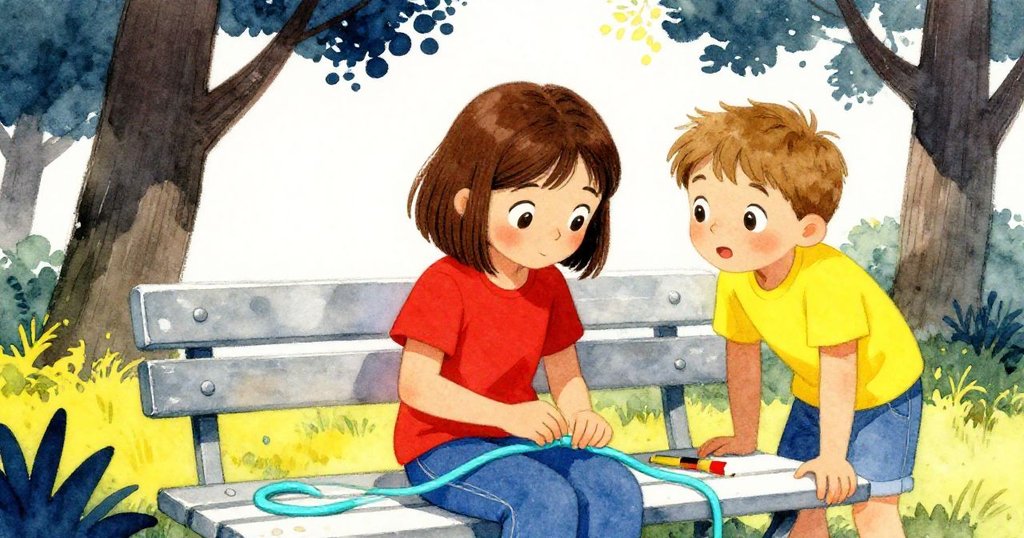 Joy專注捏著蠟塗藍綠色繩子，Lars好奇探頭查看，背景有公園長椅和樹影，情緒緊張而期待。